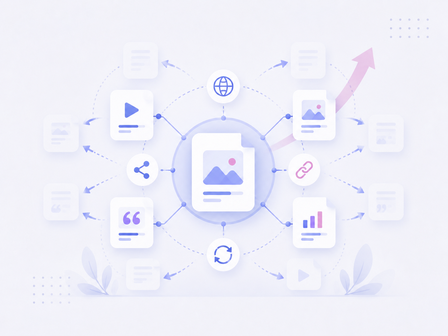 Illustration of authority content being distributed across channels to build visibility and compound business growth.