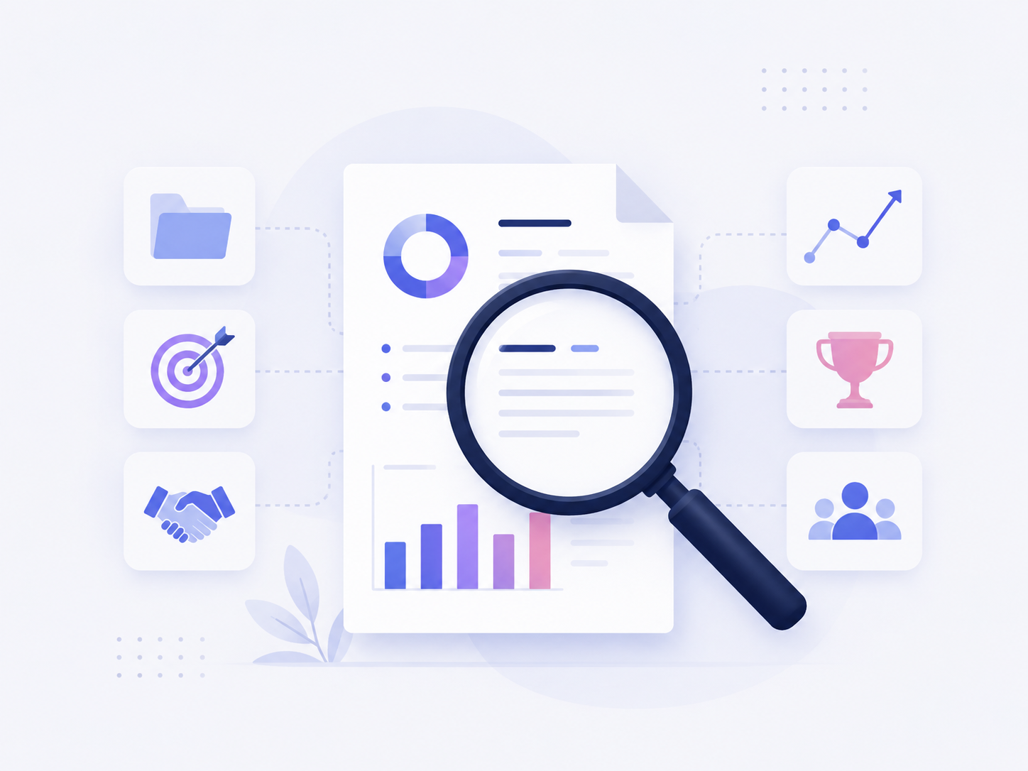 Illustration of a report being analyzed to identify business results, opportunities and proof points.